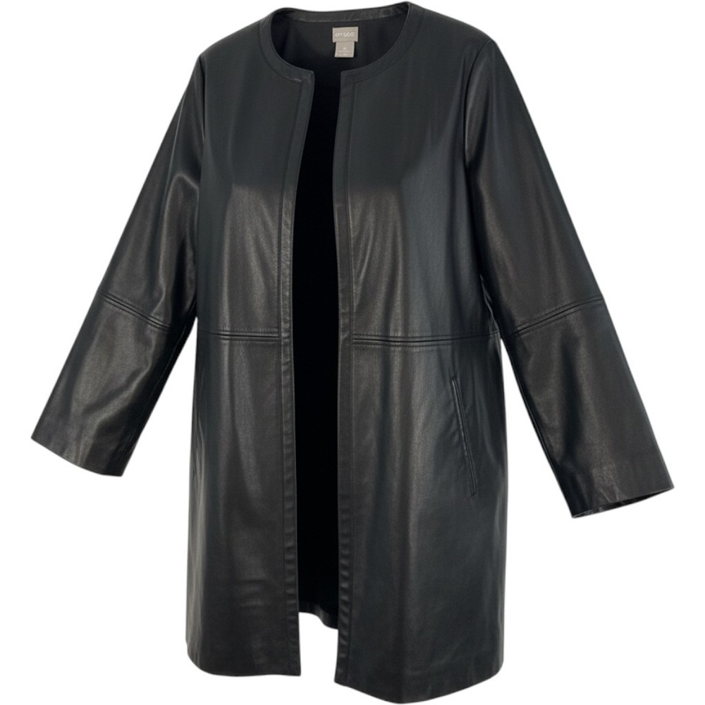 Chico's Topper Jacket Women 2 L Black Excellent Faux Leather Open Front 57026831
